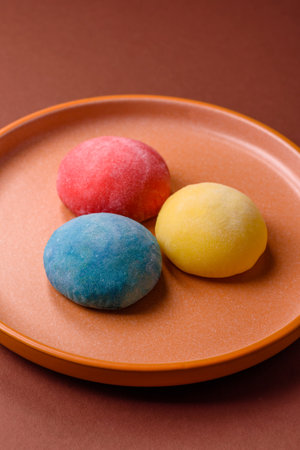 Japanese mochi, ice cream or Asian sweets made from rice flour with fruit filling. Mochi of...