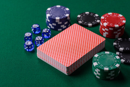 Dice poker game with chips, bets and risk. Dice poker as a background for your design