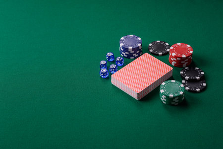 Dice poker game with chips, bets and risk in casino. Dice poker as a background for your designの写真素材