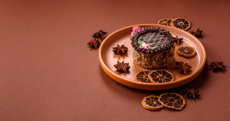 Sweet tart, pie with chocolate and cream with fruit filling on a plate. Chocolate tart dessert for a festive tableの写真素材