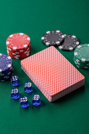 Dice poker game with chips, bets and risk in casino. Dice poker as a background for your design