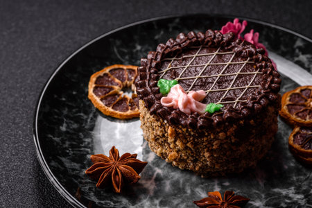 Sweet tart, pie with chocolate and cream with fruit filling on a plate. Chocolate tart dessert for a...
