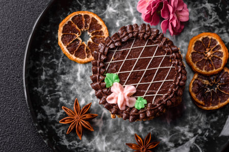 Sweet tart, pie with chocolate and cream with fruit filling on a plate. Chocolate tart dessert for a festive tableの写真素材