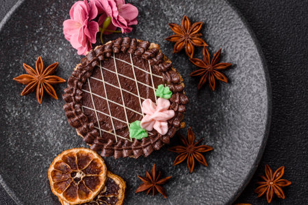Sweet tart, pie with chocolate and cream with fruit filling on a plate. Chocolate tart dessert for a...
