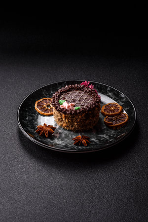 Sweet tart, pie with chocolate and cream with fruit filling on a plate. Chocolate tart dessert for a...