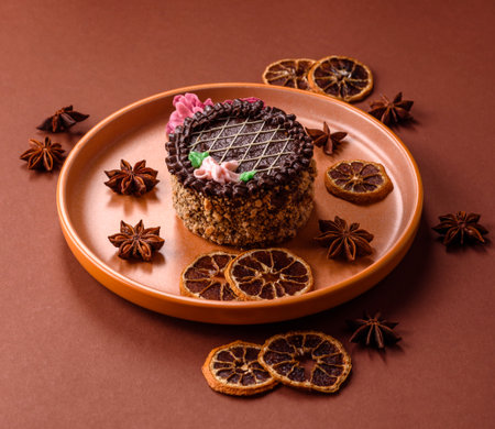 Sweet tart, pie with chocolate and cream with fruit filling on a plate. Chocolate tart dessert for a...