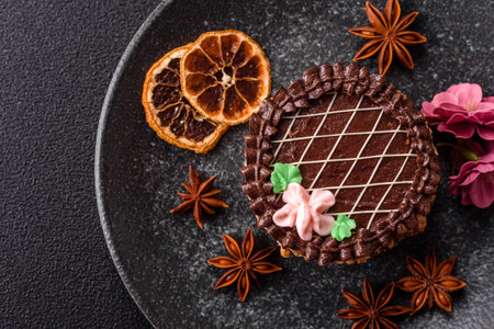 Sweet tart, pie with chocolate and cream with fruit filling on a plate. Chocolate tart dessert for a...