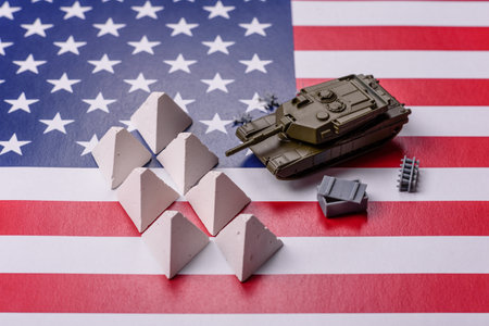 Anti-tank barrier or dragon's teeth made of concrete and iron as a fortification. Dragon's teeth as protection against enemy tanksの写真素材