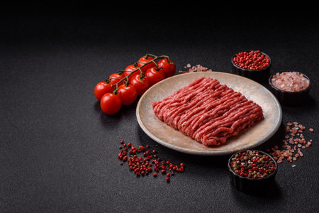 Raw minced beef or pork, ground meat for burgers. Raw minced red as food background