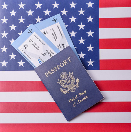 US passport or id document with tickets for flight, travel, border crossing. US passport and tickets...