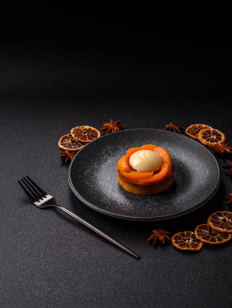 Pie, sweet round tart with apricot pieces, cream and nuts. Sweet tart with peach as a food...