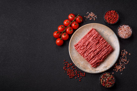Raw minced beef or pork, ground meat for burgers. Raw minced red as food background