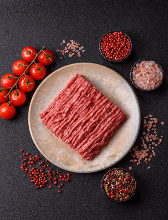 Raw minced beef or pork, ground meat for burgers. Raw minced red as food background