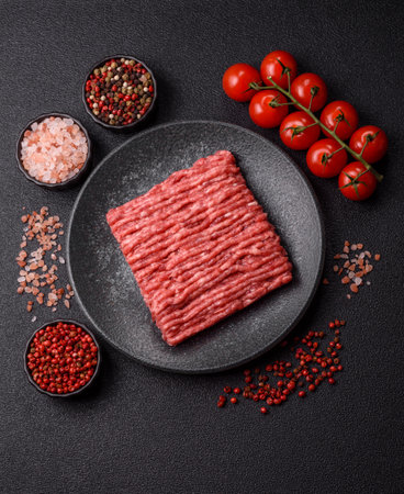 Raw minced beef or pork, ground meat for burgers. Raw minced red meat as food background