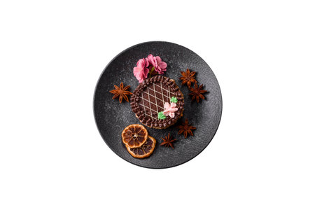 Sweet tart, pie with chocolate and cream with fruit filling on a plate.