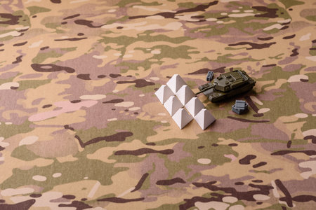 Anti-tank barrier or dragon's teeth made of concrete and iron as a fortification. Dragon's teeth as protection against enemy tanksの写真素材