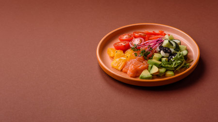 Bowl with salmon pieces, tomatoes, peppers and avocado. Salmon bowl as a food background for your...