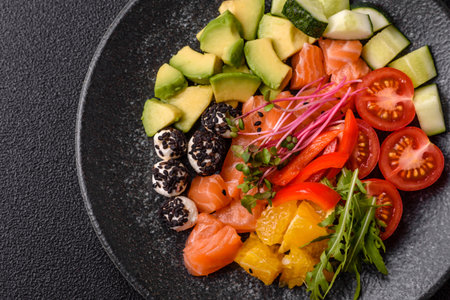 Bowl with salmon pieces, tomatoes, peppers and avocado.