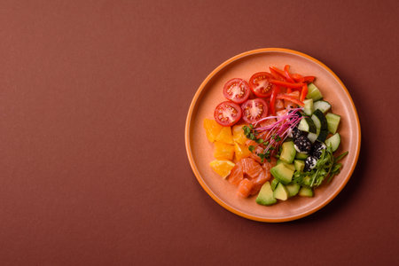 Bowl with salmon pieces, tomatoes, peppers and avocado.の写真素材