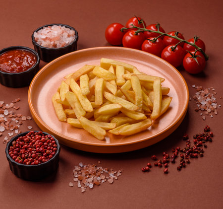 French fries, chips or snack with sauce as food background. French fries, fast food, takeaway