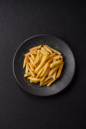French fries, chips or snack with sauce as food background. French fries, fast food, takeaway