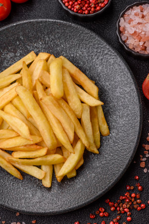 French fries, chips or snack with sauce as food background. French fries, fast food, takeaway