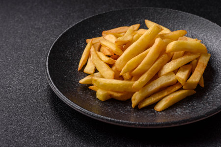 French fries, chips or snack with sauce as food background. French fries, fast food, takeaway