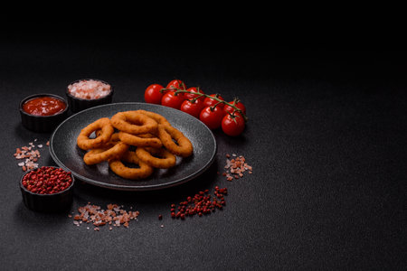 Onion rings fried, fast food as a background for your design