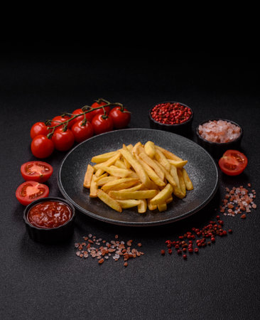 French fries, chips or snack with sauce as food background. French fries, fast food, takeaway