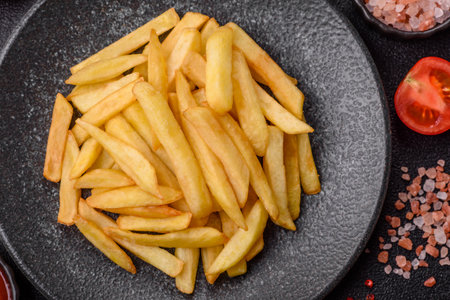 French fries, chips or snack with sauce as food background. French fries, fast food, takeaway
