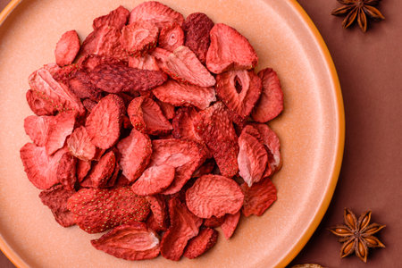 Dried sublimated slices of strawberry as an ingredient for sweet desserts. Dried strawberry as a food background for your designの写真素材