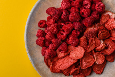 Dried sublimated slices of strawberry as an ingredient for sweet desserts. Dried strawberry and...
