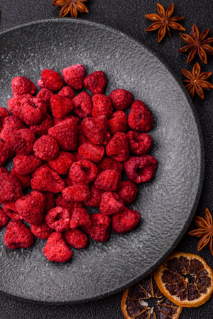 Dried sublimated slices of raspberry as an ingredient for desserts. Dried raspberry as a food...