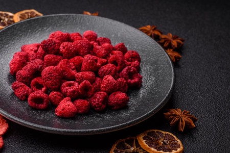 Dried sublimated slices of raspberry as an ingredient for sweet desserts. Dried raspberry as a food...