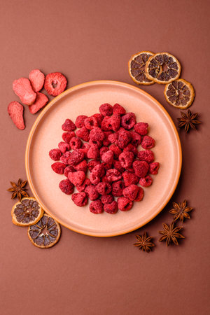 Dried sublimated slices of raspberry as an ingredient for sweet desserts. Dried raspberry as a food...