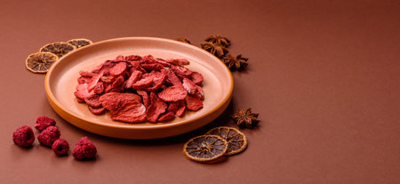 Dried sublimated slices of strawberry as an ingredient for sweet desserts. Dried strawberry as a food background for your designの写真素材