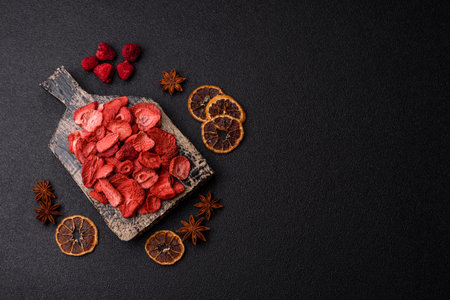 Dried sublimated slices of strawberry as an ingredient for sweet desserts. Dried strawberry as a...