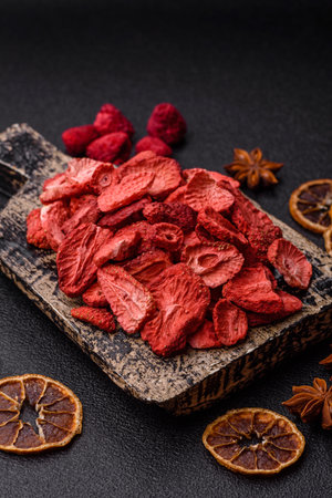 Dried sublimated slices of strawberry as an ingredient for sweet desserts. Dried strawberry as a...