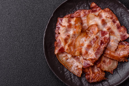 Cooked crispy fried pork bacon strips for a hearty breakfast. Fried bacon strips as a food...