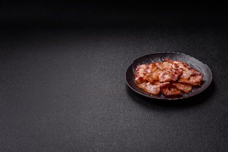 Cooked crispy fried pork bacon strips for a hearty breakfast. Fried bacon strips as a food...
