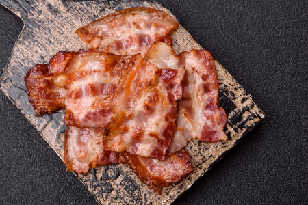 Cooked crispy fried pork bacon strips for a hearty breakfast. Fried bacon strips as a food background for your designの写真素材