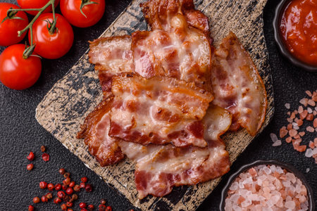 Cooked crispy fried pork bacon strips for a hearty breakfast. Fried bacon strips as a food...