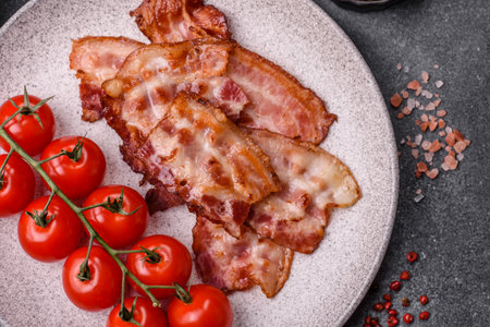 Cooked crispy fried pork bacon strips for a hearty breakfast. Fried bacon strips as a food...