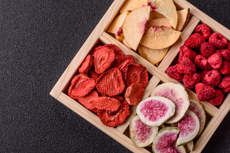 Box of dried fruits strawberries, raspberries, figs and peaches as ingredients for desserts. Dried...
