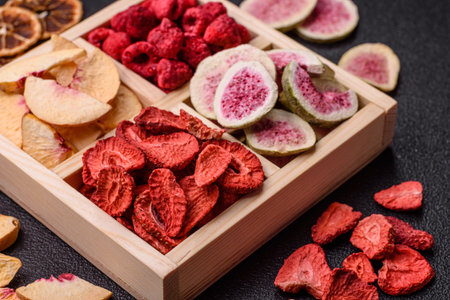 Box of dried fruits strawberries, raspberries, figs and peaches as ingredients for desserts. Dried...