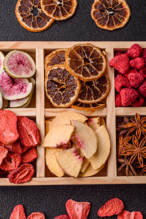 Box of dried fruits strawberries, raspberries, figs and peaches as ingredients for desserts. Dried fruits as food backgroundの写真素材
