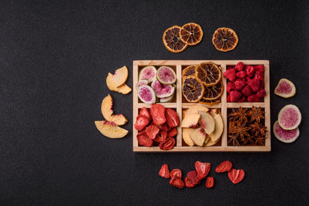 Box of dried fruits strawberries, raspberries, figs and peaches as ingredients for desserts. Dried fruits as food backgroundの写真素材