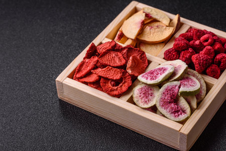 Box of dried fruits strawberries, raspberries, figs and peaches as ingredients for desserts. Dried fruits as food backgroundの写真素材