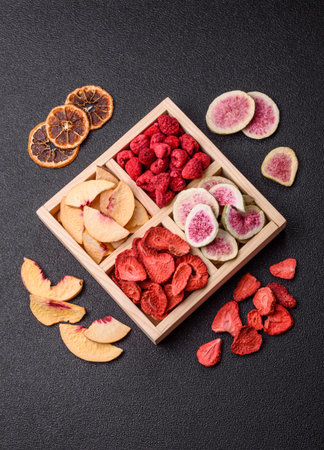 Box of dried fruits strawberries, raspberries, figs and peaches as ingredients for desserts. Dried fruits as food backgroundの写真素材