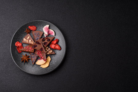 Craft home made chocolate with berries and fruits, delicious sweets. Craft chocolate as food...